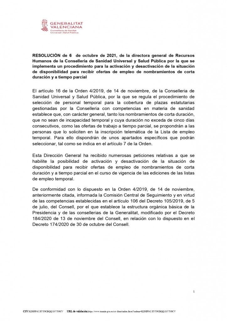 RESOLUCIÓN de 6 de octubre de 2021