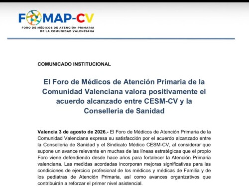 El Foro de Médicos de Atención Primaria de la Comunidad Valenciana valora positivamente el acuerdo alcanzado entre CESM-CV y la Conselleria de Sanidad